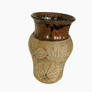 Handcrafted Ceramic Vase, 7" Signed Pottery, Leaf Imprint & Glazed Brown Rim